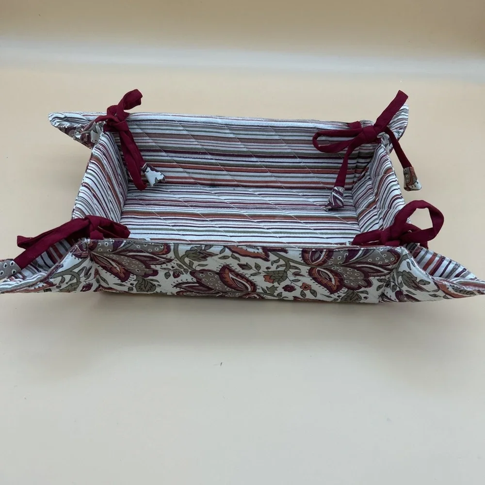 World Market Quilted Basket Red Paisley And Stripe Print With Ties